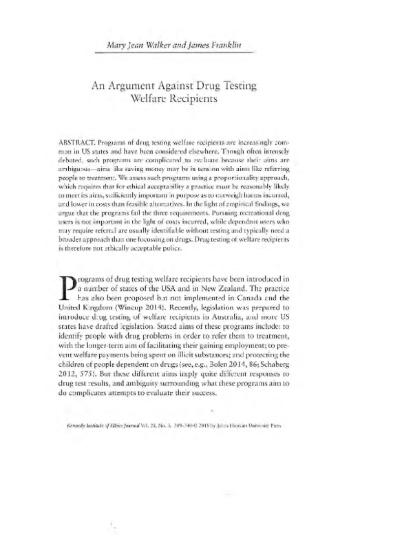 (PDF) An Argument Against Drug Testing Welfare Recipients James