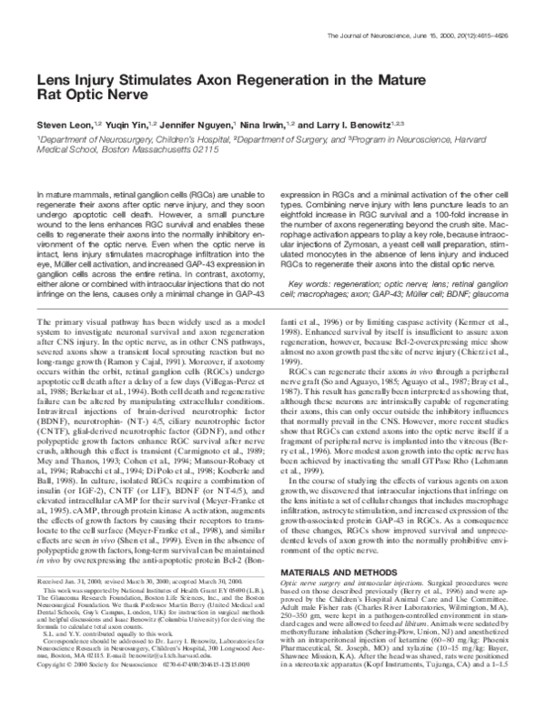 (PDF) Lens Injury Stimulates Axon Regeneration in the Mature Rat Optic ...