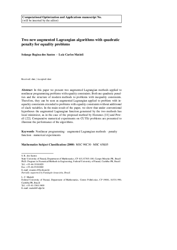 (PDF) Two new augmented Lagrangian algorithms with quadratic penalty ...