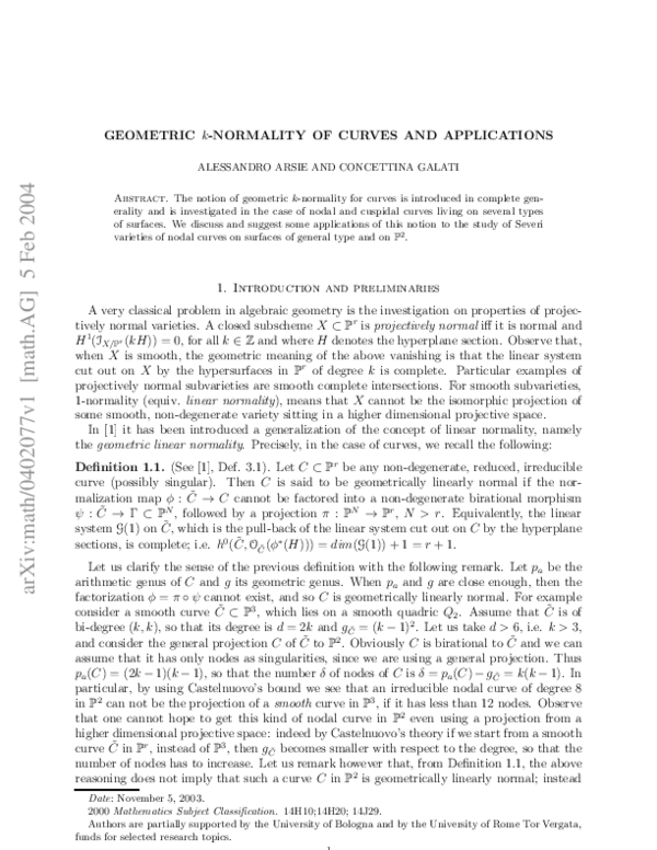 (PDF) Geometric knormality of curves and applications Alessandro