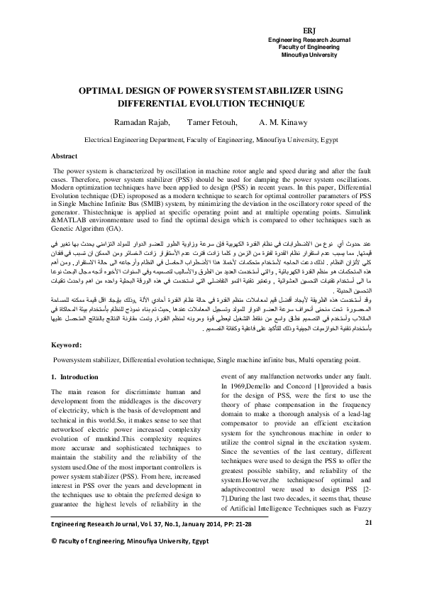 (PDF) Optimal Design of Power System Stabilizer Using a Novel ...