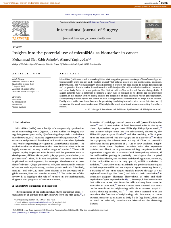 (PDF) Insights into the potential use of microRNAs as biomarker in cancer