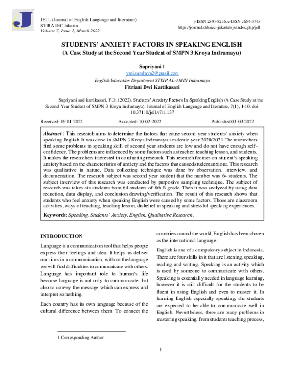 (PDF) Students’ Anxiety Factors in Speaking English