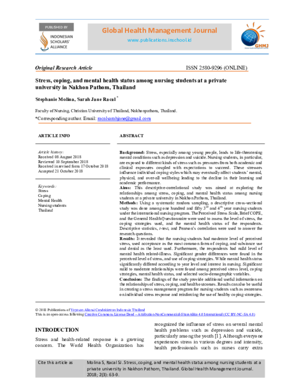 (PDF) Stress, coping, and mental health status among nursing students ...