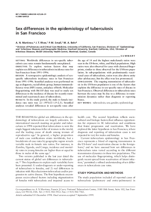 (PDF) Sex differences in the epidemiology of tuberculosis in San Francisco