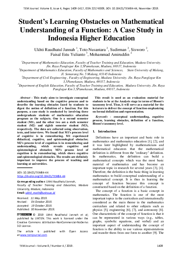 (PDF) Student's Learning Obstacles on Mathematical Understanding of a ...