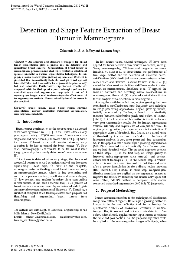 (PDF) Detection and shape feature extraction of breast tumor in mammograms