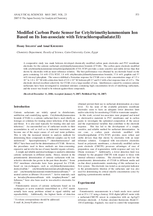 (PDF) Modified Carbon Paste Sensor for Cetyltrimethylammonium Ion Based ...