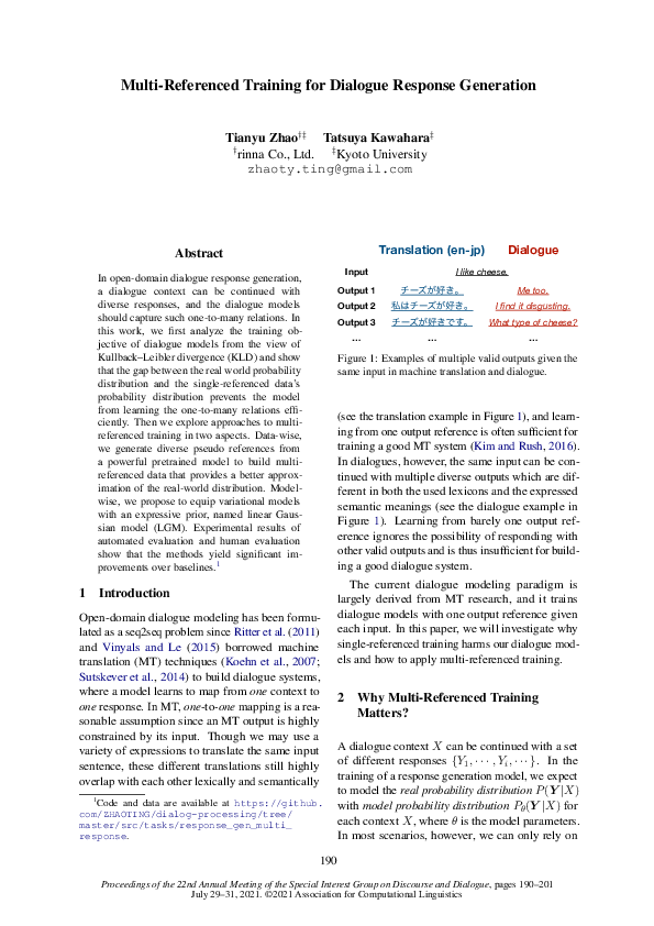 (PDF) Multi-Referenced Training for Dialogue Response Generation
