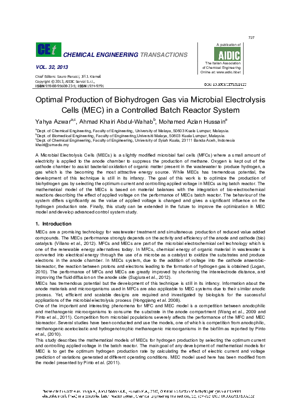 (PDF) Optimal Production of Biohydrogen Gas via Microbial Electrolysis ...