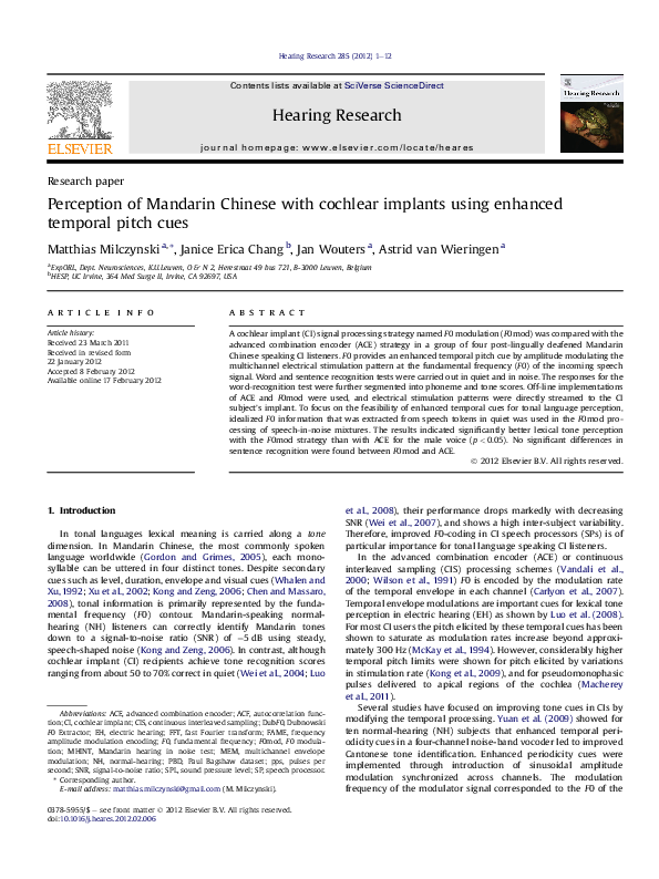 (PDF) Perception of Mandarin Chinese with cochlear implants using ...