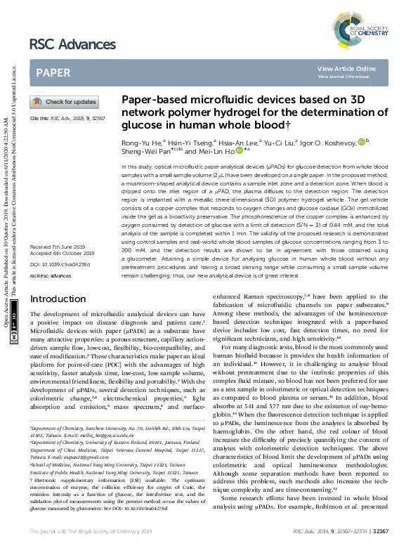 (PDF) Electrochemical detection of glucose from whole blood using paper ...