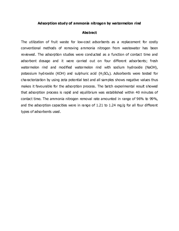 (PDF) Adsorption study of Ammonia Nitrogen by watermelon rind | Lija ...