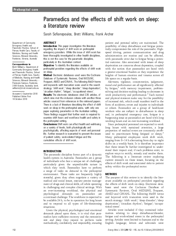 (PDF) Paramedics and the effects of shift work on sleep: a literature ...