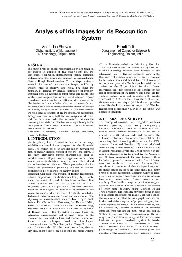 (PDF) Analysis of Iris Images for Iris Recognition System