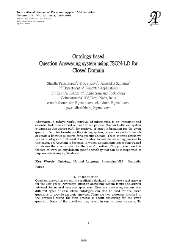 (PDF) Ontology based Question Answering system using JSON-LD for Closed ...