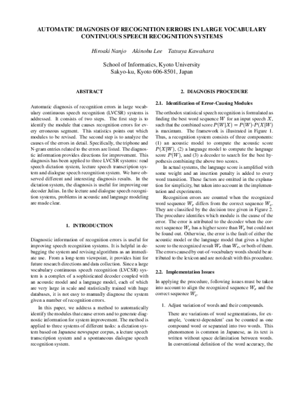 (PDF) Automatic Diagnosis of Recognition Errors in Large Vocabulary ...