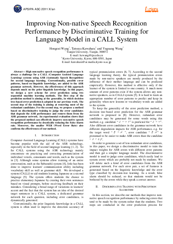 (PDF) Improving Non-native Speech Recognition Performance by ...