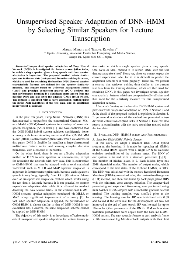 (PDF) Unsupervised speaker adaptation of DNN-HMM by selecting similar ...