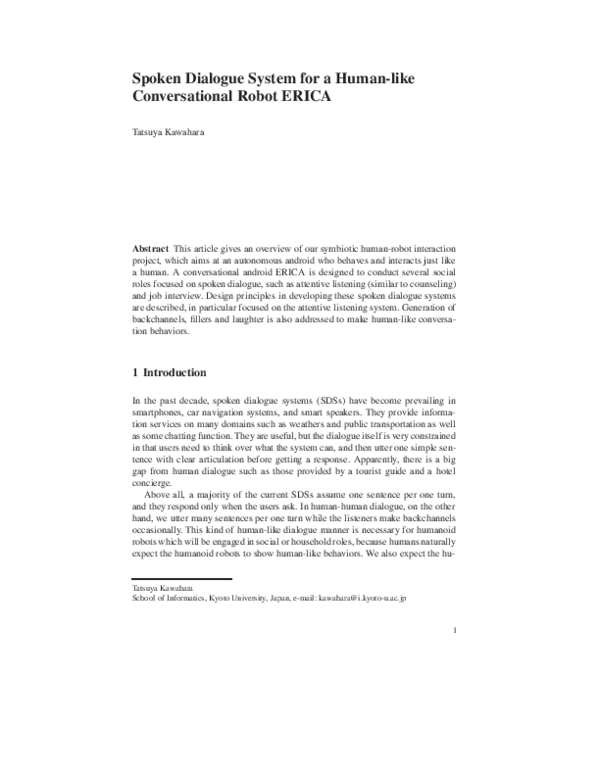 (PDF) Spoken Dialogue System for a Human-like Conversational Robot ERICA