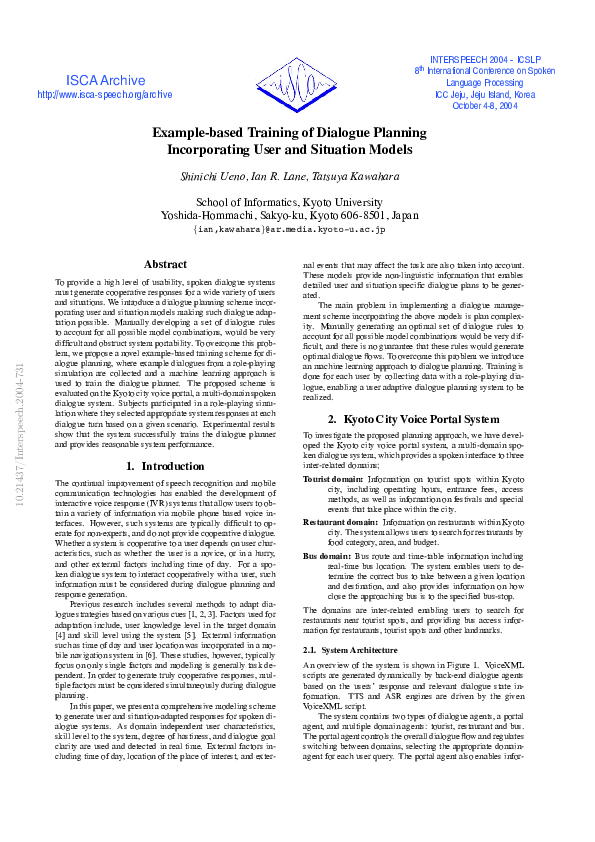 (PDF) Example-based training of dialogue planning incorporating user ...