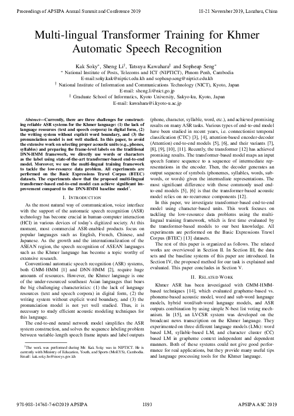(PDF) Multi-lingual Transformer Training for Khmer Automatic Speech ...