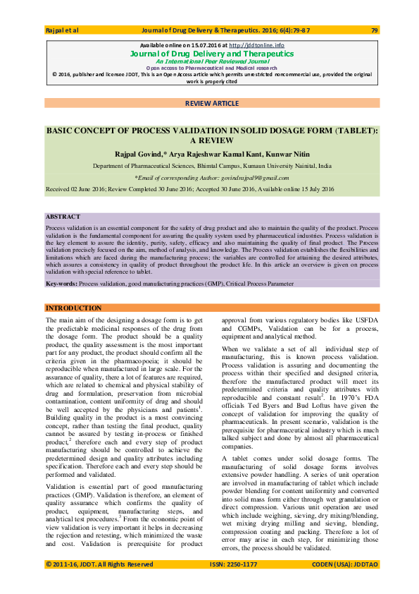 (PDF) Basic Concept of Process Validation in Solid Dosage Form (Tablet ...