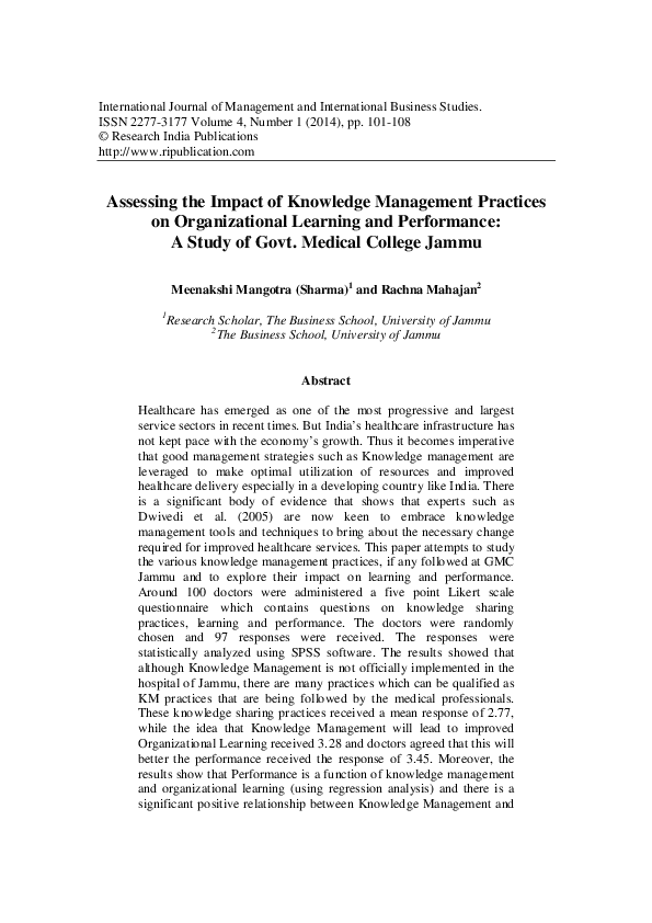 (PDF) Assessing the Impact of Knowledge Management Practices on ...