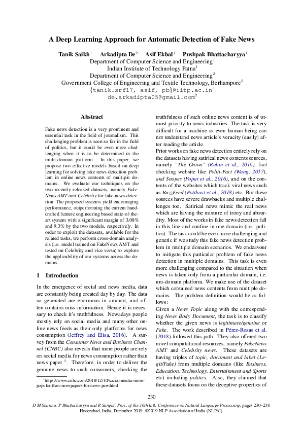 (PDF) A Deep Learning Approach for Automatic Detection of Fake News