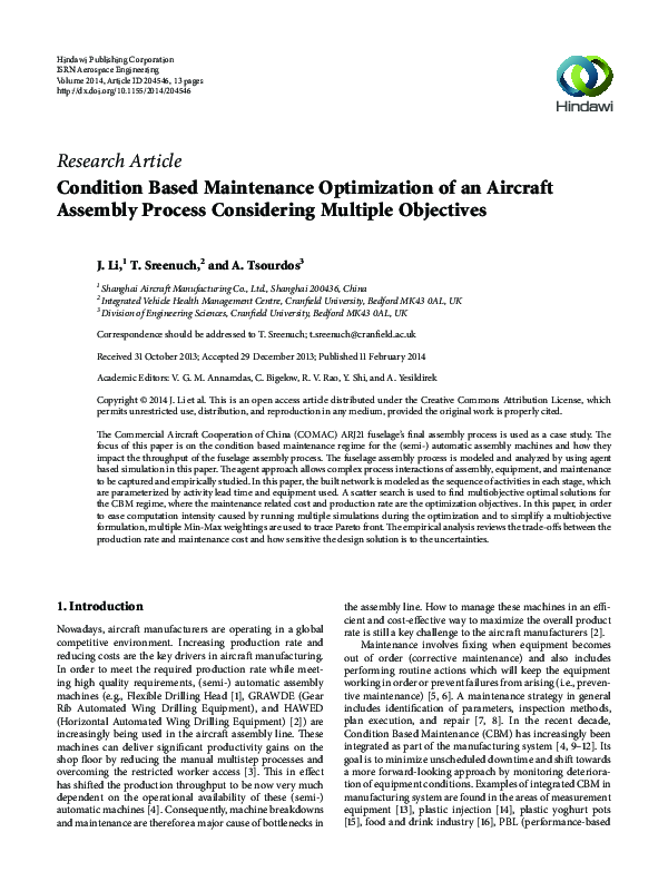 (PDF) Condition Based Maintenance Optimization of an Aircraft Assembly ...