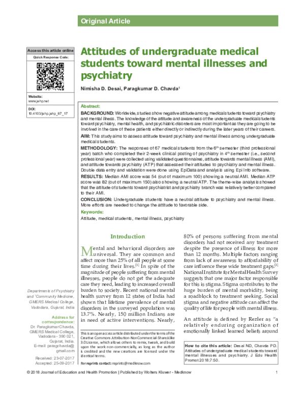 (PDF) Attitudes of undergraduate medical students toward mental ...