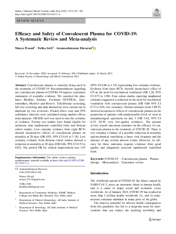 (PDF) Efficacy and Safety of Convalescent Plasma for COVID-19: A ...