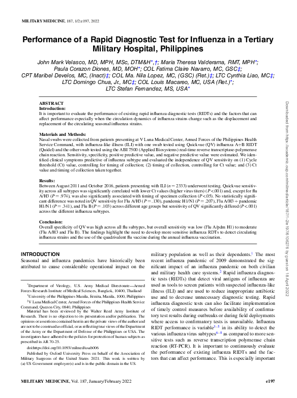 (PDF) Performance of a Rapid Diagnostic Test for Influenza in a ...