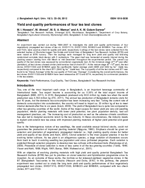 (PDF) Yield and quality performances of four tea test clones Dr