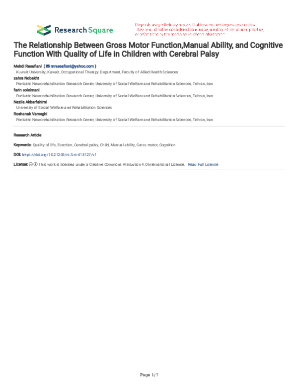(PDF) The Relationship Between Gross Motor Function,Manual Ability, and ...