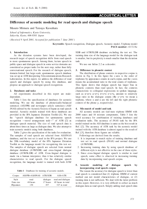 (PDF) Difference of acoustic modeling for read speech and dialogue speech