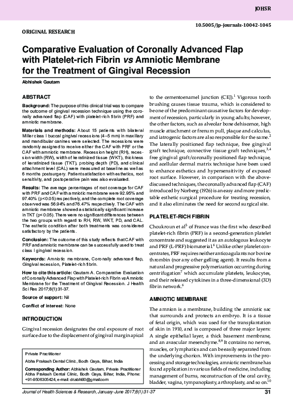 (PDF) Comparative Evaluation of Coronally Advanced Flap with Platelet ...