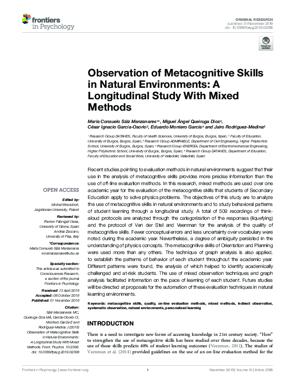 (PDF) Observation of Metacognitive Skills in Natural Environments: A ...