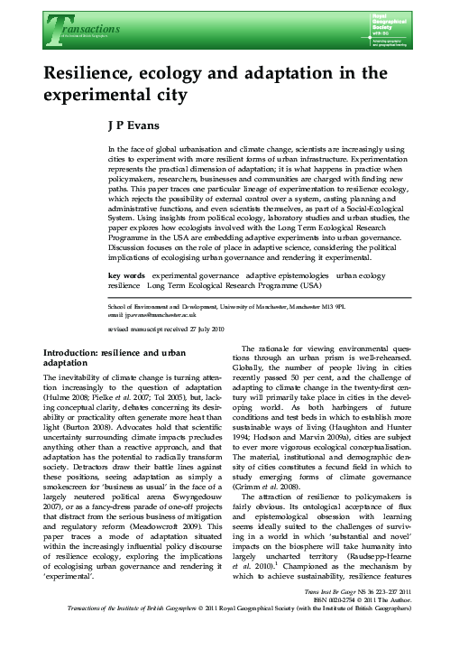 (PDF) Resilience, ecology and adaptation in the experimental city