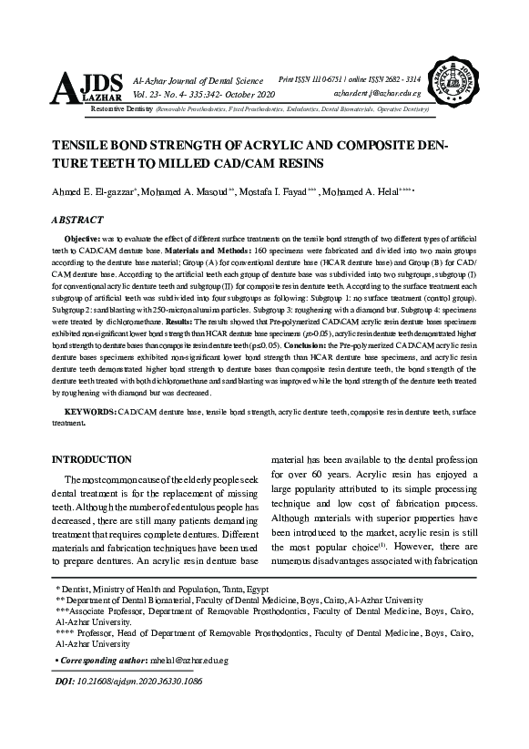 (PDF) Tensile Bond Strength of Acrylic and Composite Denture Teeth to ...