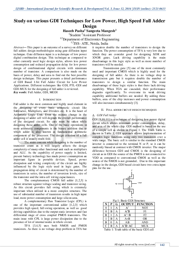 (PDF) Study on various GDI Techniques for Low Power , High Speed Full ...