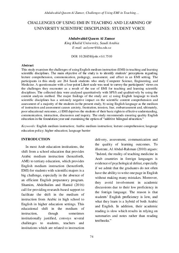 (PDF) Challenges of Using EMI in Teaching and Learning of University ...