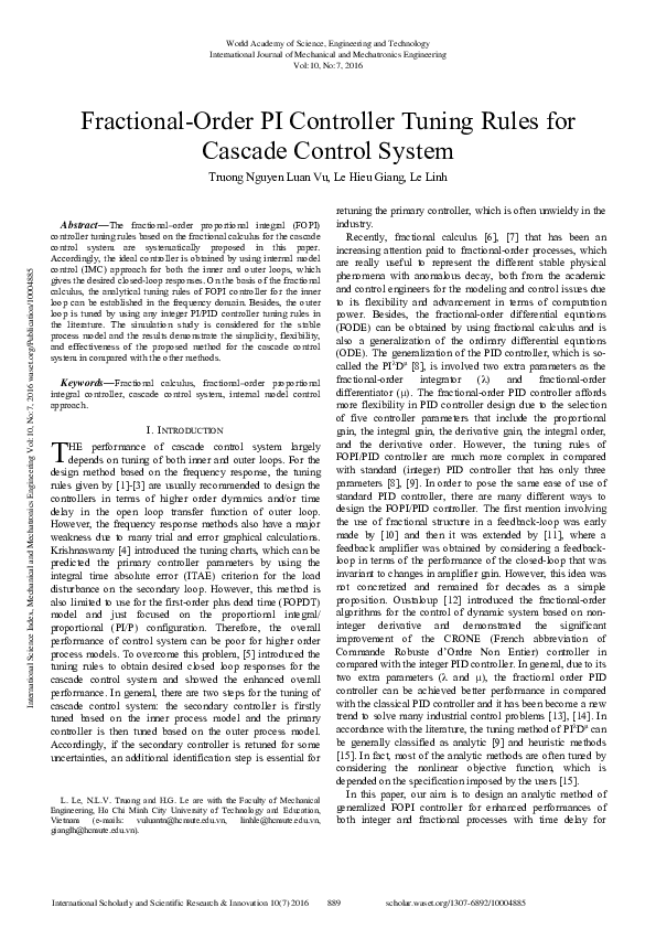 (PDF) Fractional-Order Pi Controller Tuning Rules For Cascade Control ...