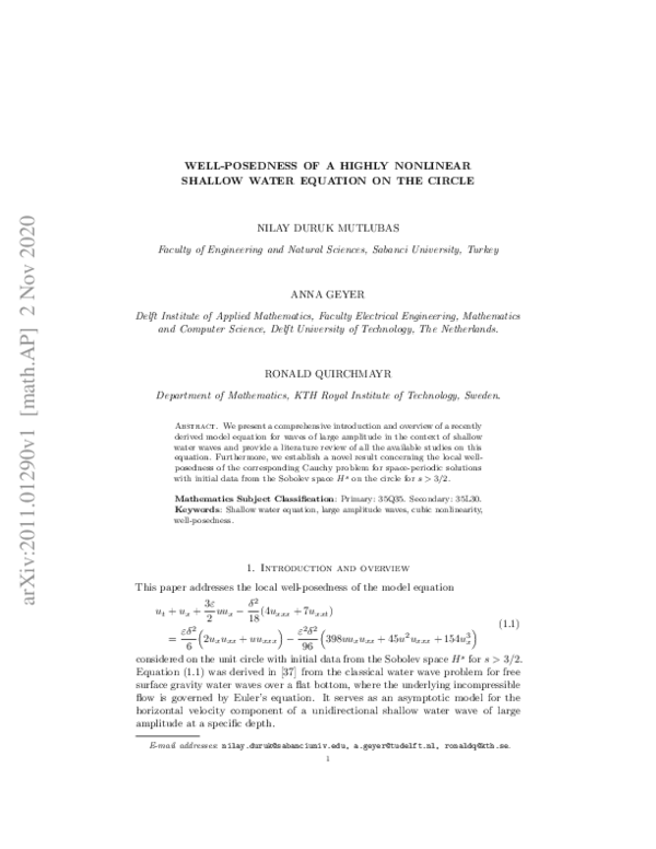 (PDF) Well-posedness of a highly nonlinear shallow water equation on ...