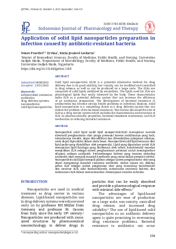 (PDF) Application of solid lipid nanoparticles preparation in infection ...
