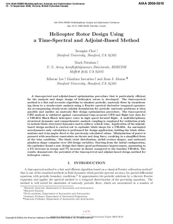 (PDF) Helicopter Rotor Design Using a TimeSpectral and AdjointBased