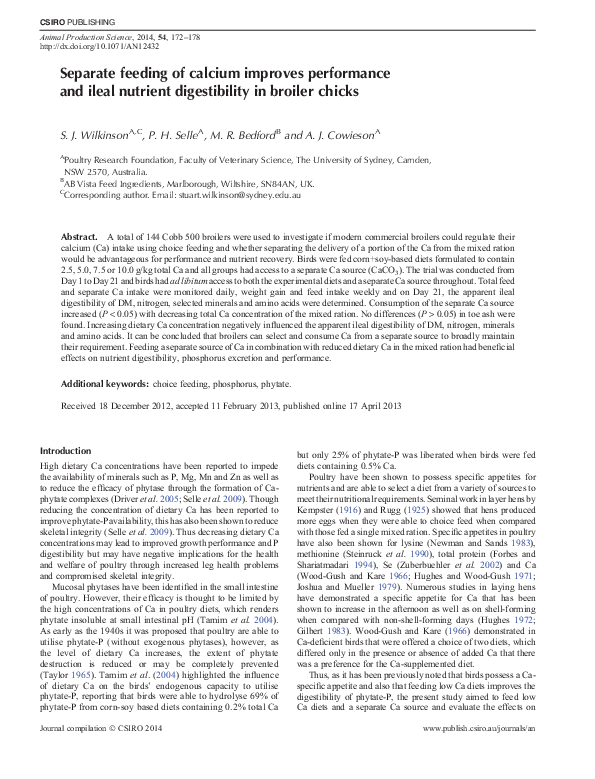 (PDF) Separate feeding of calcium improves performance and ileal ...