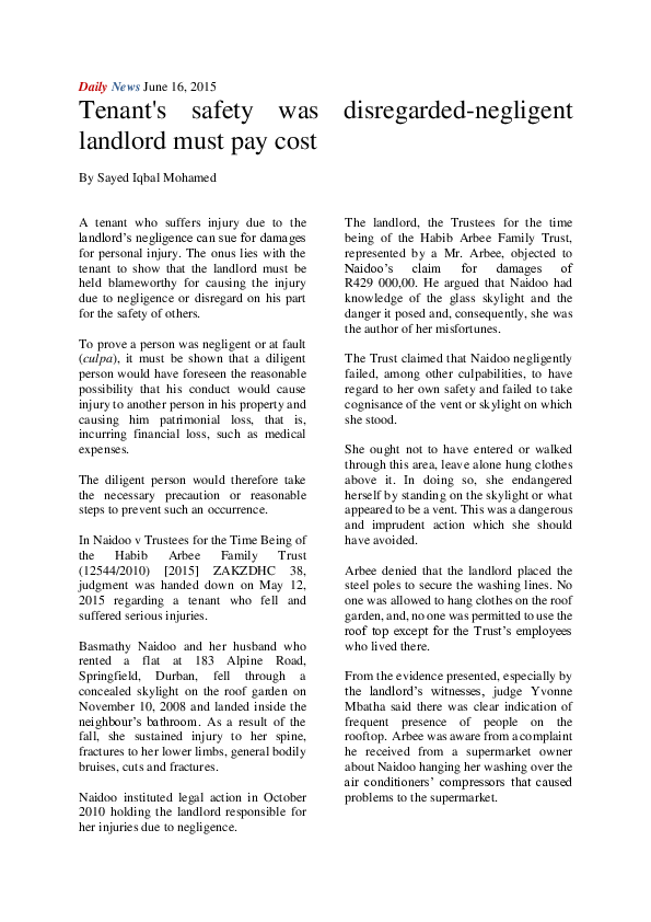 (PDF) tenant's safety was disregarded negligent landlord must pay cost