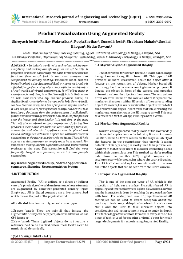 (PDF) Product Visualization Using Augmented Reality