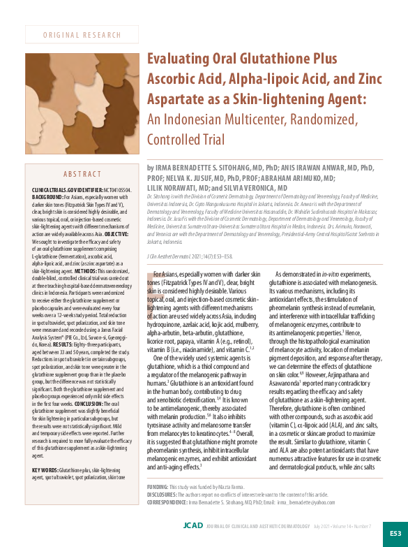 glutathione skin whitening randomized trial for lightening PDF) Evaluating Oral Glutathione Plus